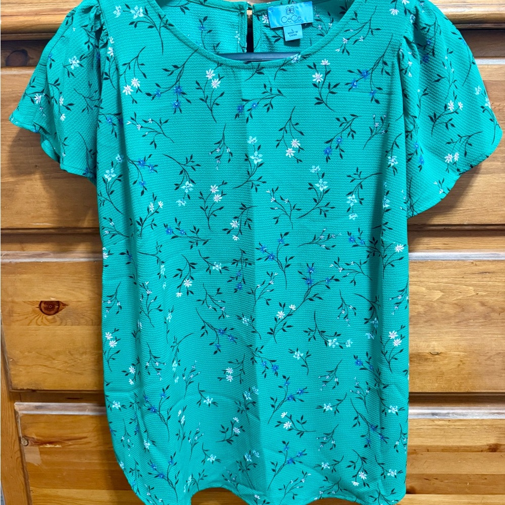 CeCe Green Floral Blouse